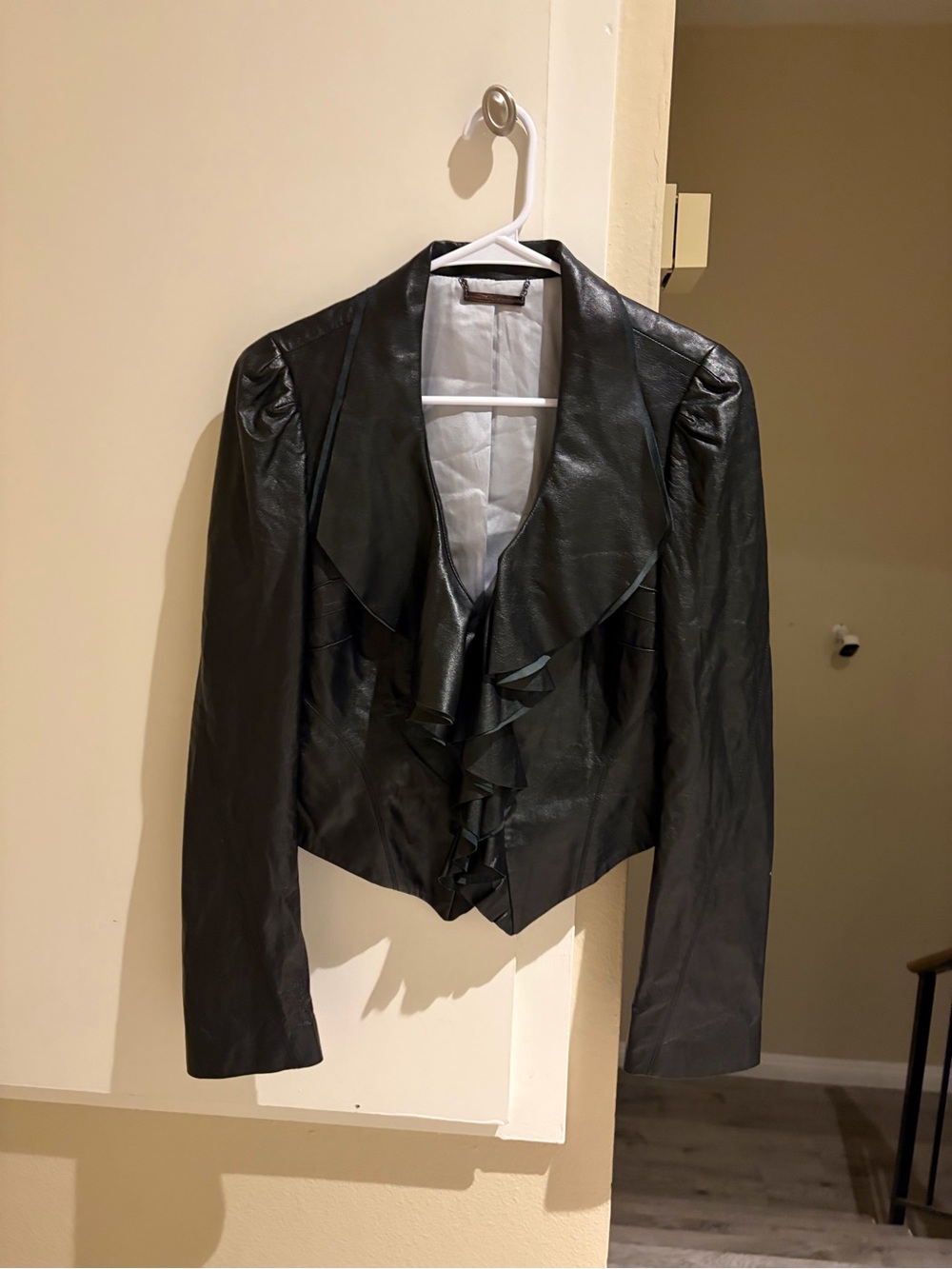Diane von frustenberg vintage Black Ruffle Front Leather Jacket, silk lining